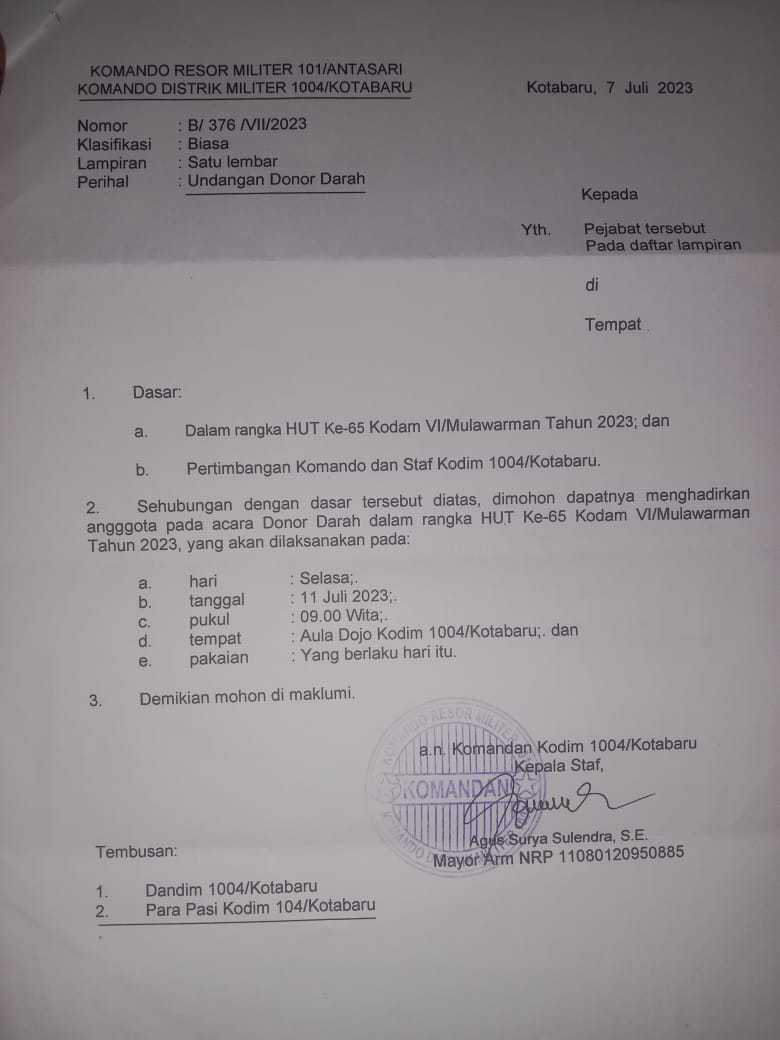 donor darah dalam rangka HUT ke-65 Kodam VI/Wulawarman Tahun 2023